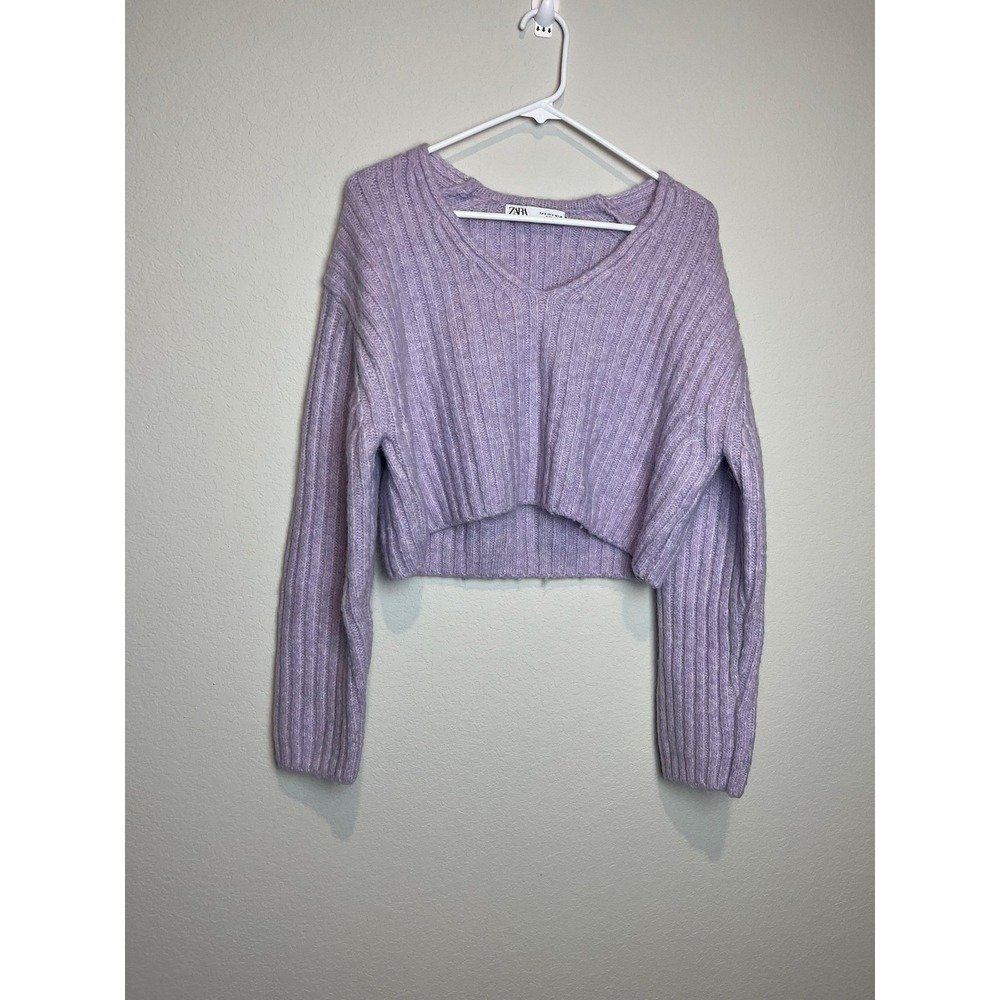 Zara Sweater Womens Small Purple Ribbed V Neck Cropped Long Sleeve Chunky Knit